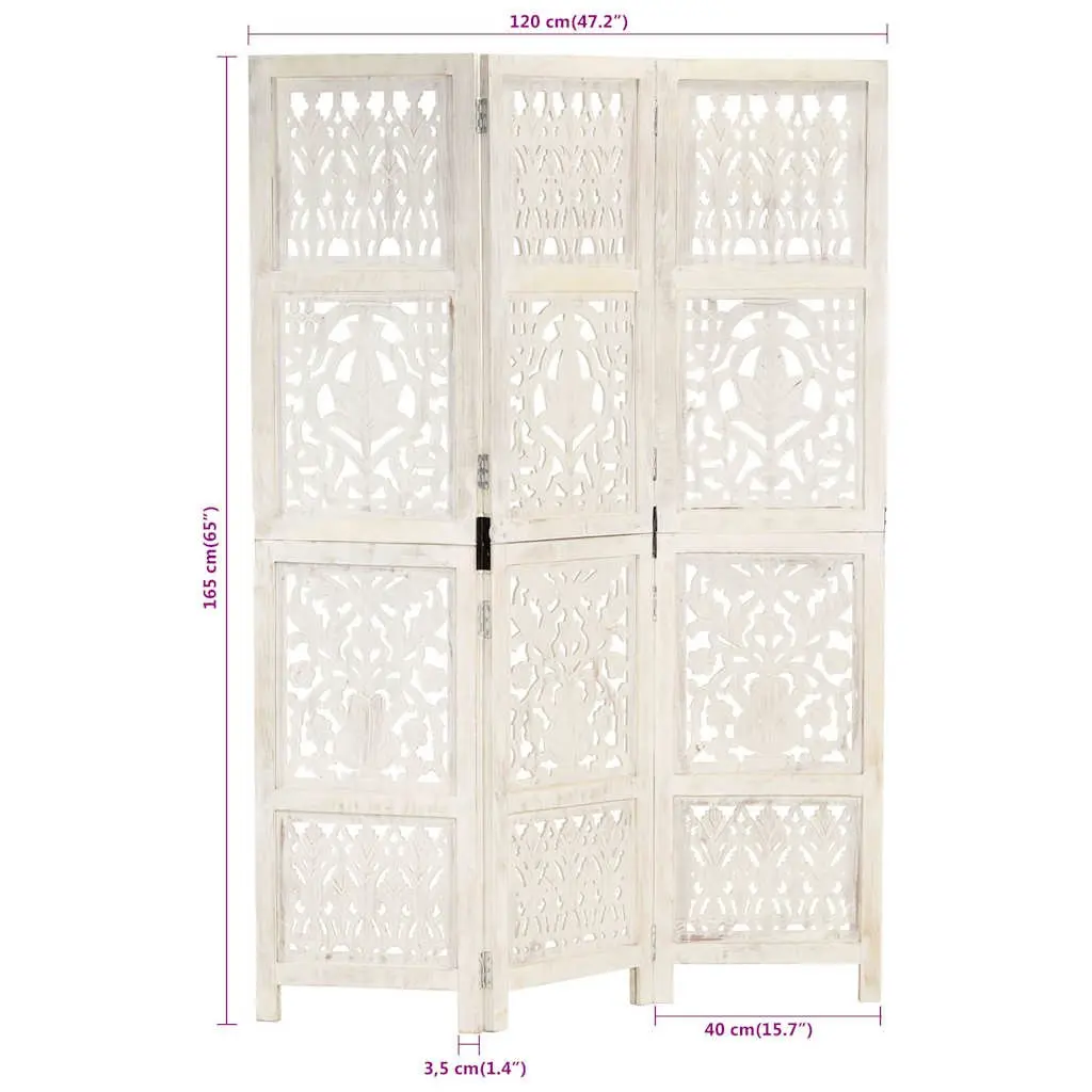 3-Panel Room Divider Hand Carved White Folding Privacy Screen