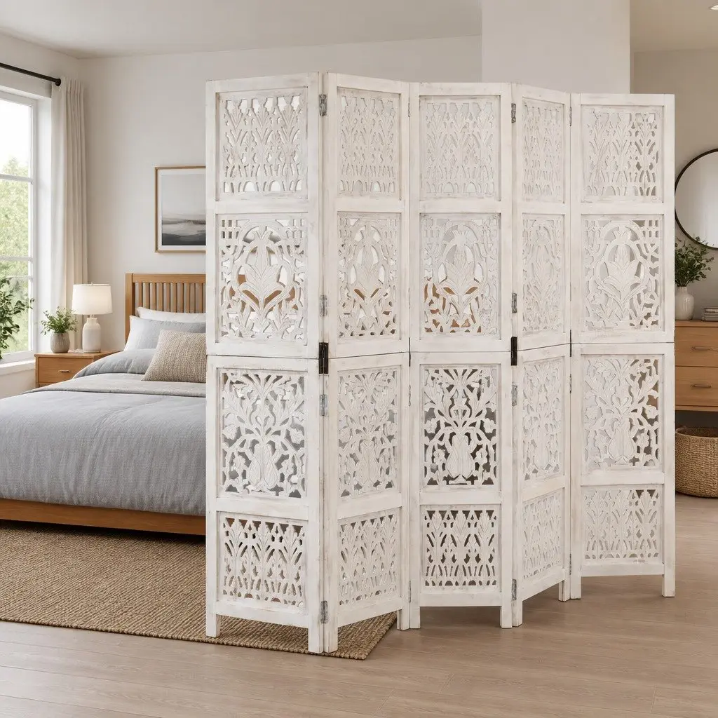 5-Panel Room Divider Folding Privacy Screen White 200x165 cm