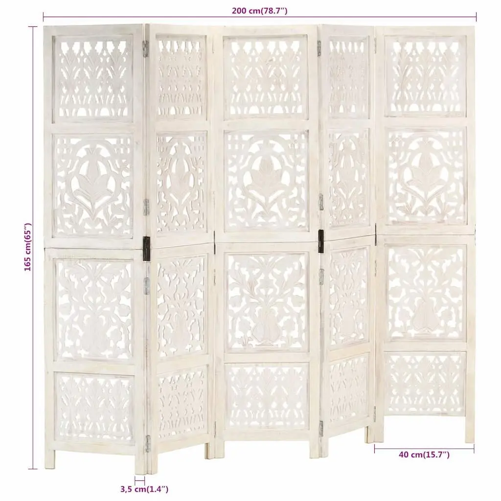 5-Panel Room Divider Folding Privacy Screen White 200x165 cm