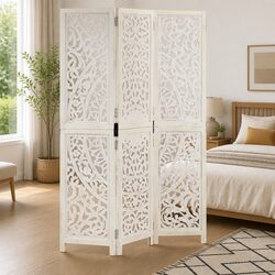 Hand Carved 3-Panel Divider Screen - White 120x165cm