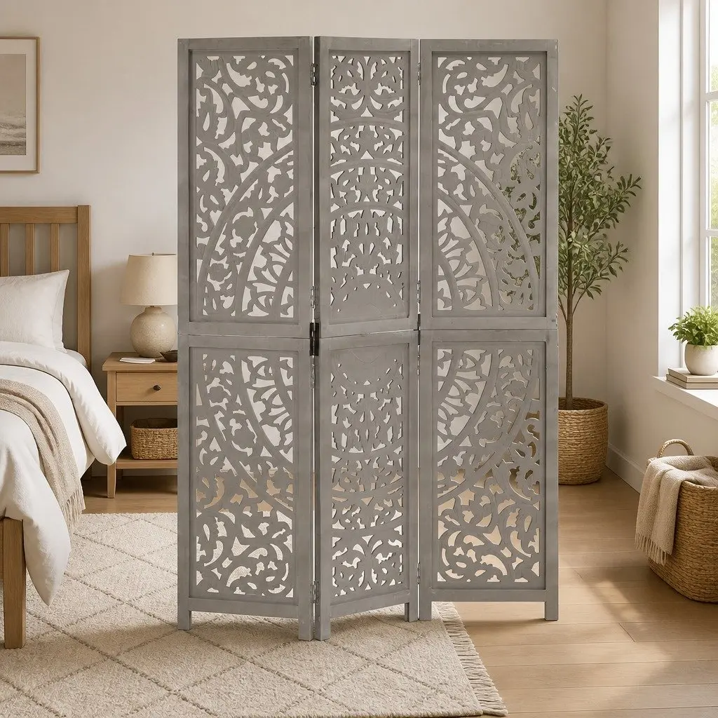 3-Panel Room Divider Folding Privacy Screen Grey Hand Carved Wooden Space Saving Home