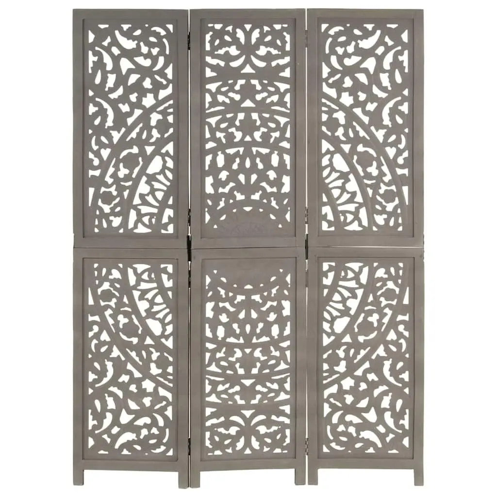 3-Panel Room Divider Folding Privacy Screen Grey Hand Carved Wooden Space Saving Home