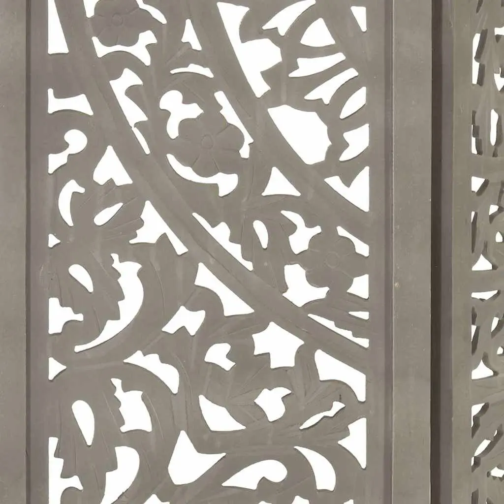 3-Panel Room Divider Folding Privacy Screen Grey Hand Carved Wooden Space Saving Home