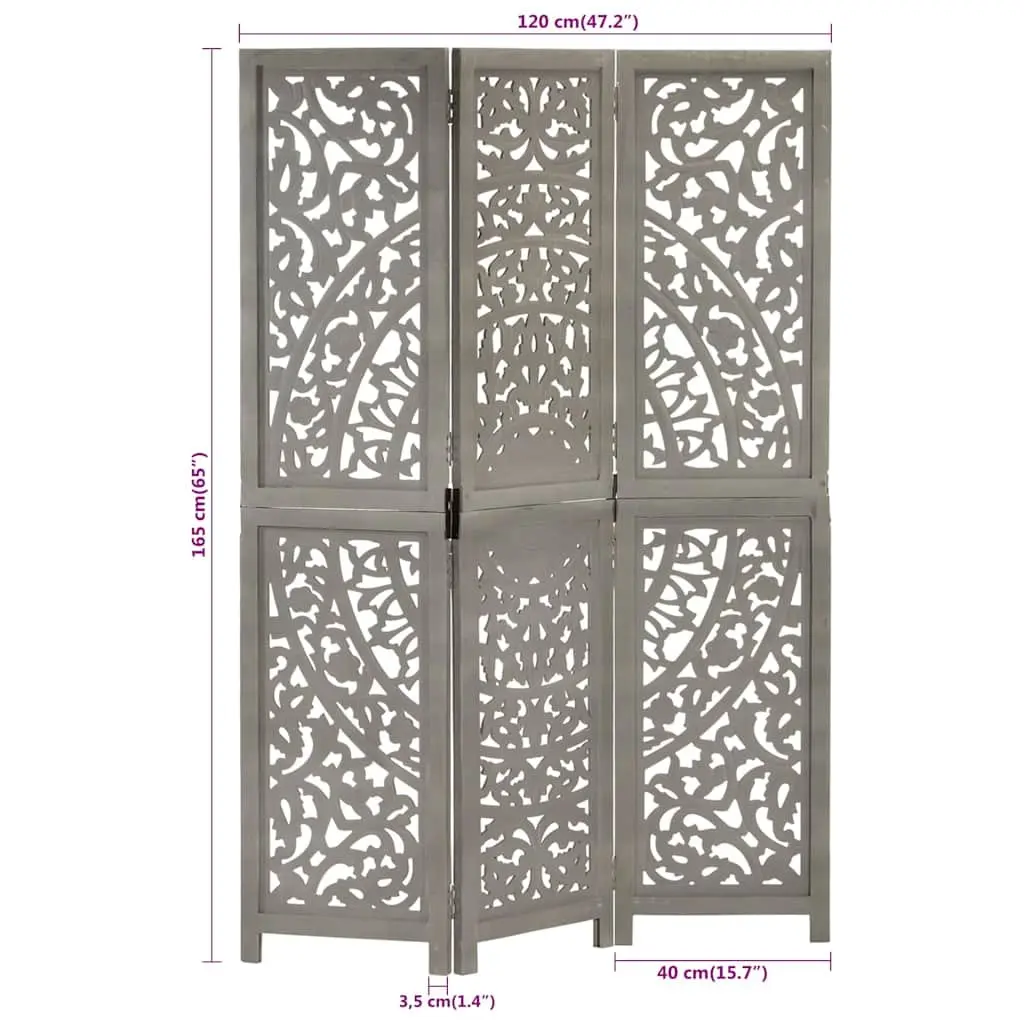 3-Panel Room Divider Folding Privacy Screen Grey Hand Carved Wooden Space Saving Home