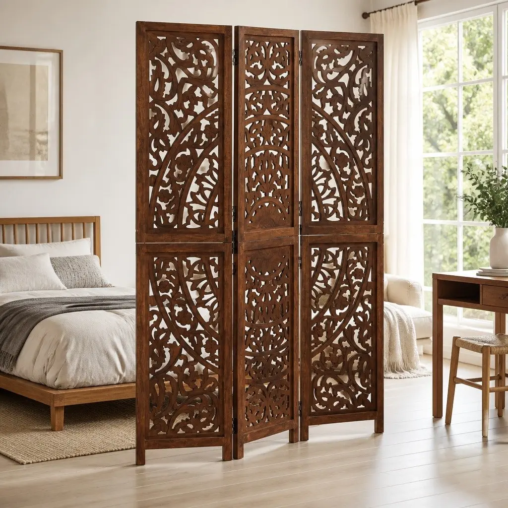 3 Panel Room Divider Hand Carved Folding Privacy Screen 120 x 165 cm Brown Wooden Partition
