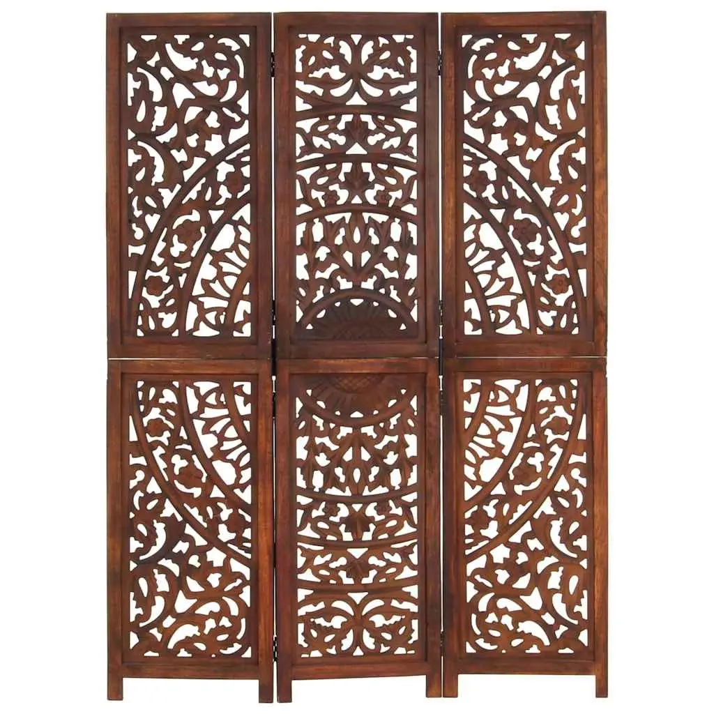 3 Panel Room Divider Hand Carved Folding Privacy Screen 120 x 165 cm Brown Wooden Partition