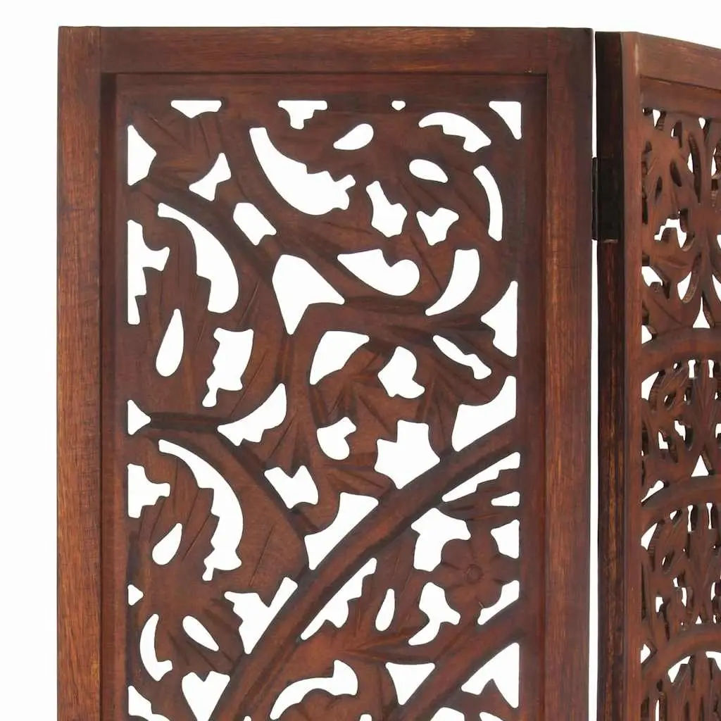 3 Panel Room Divider Hand Carved Folding Privacy Screen 120 x 165 cm Brown Wooden Partition