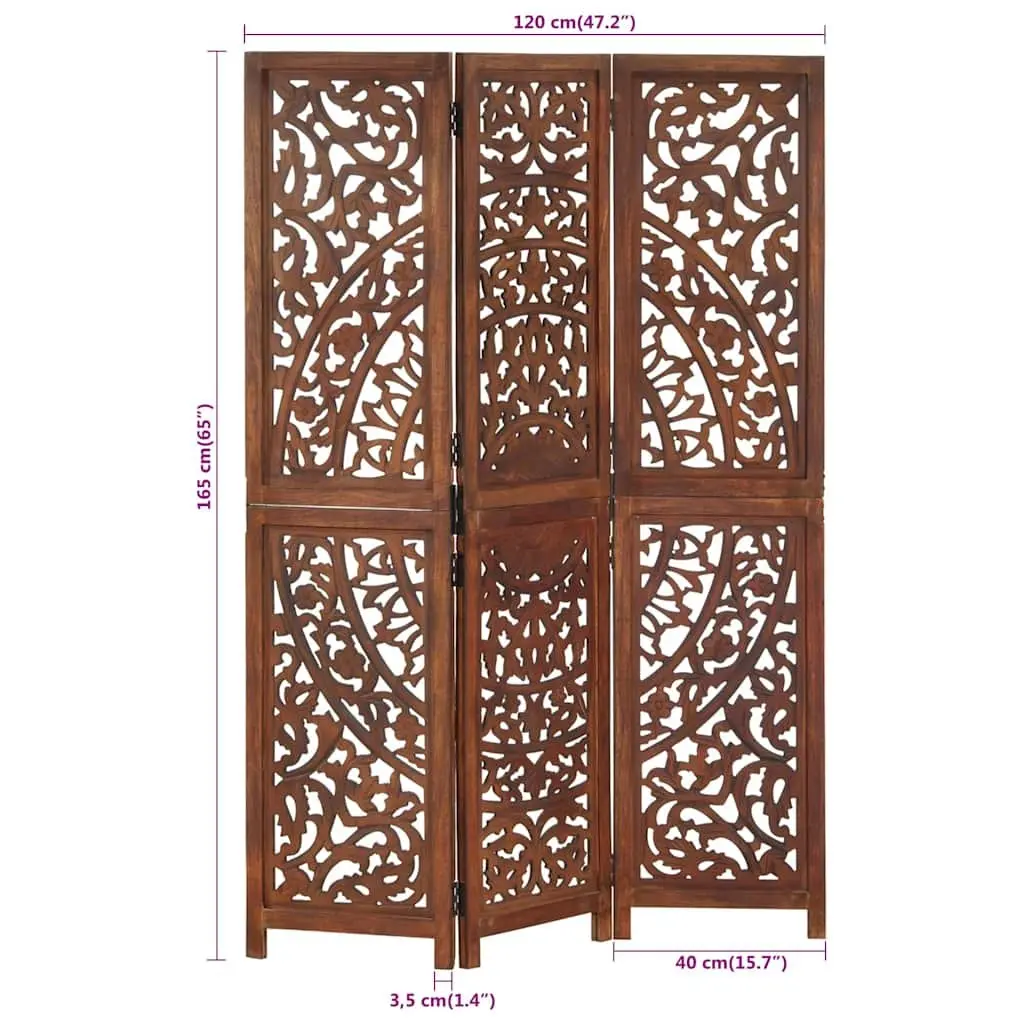 3 Panel Room Divider Hand Carved Folding Privacy Screen 120 x 165 cm Brown Wooden Partition
