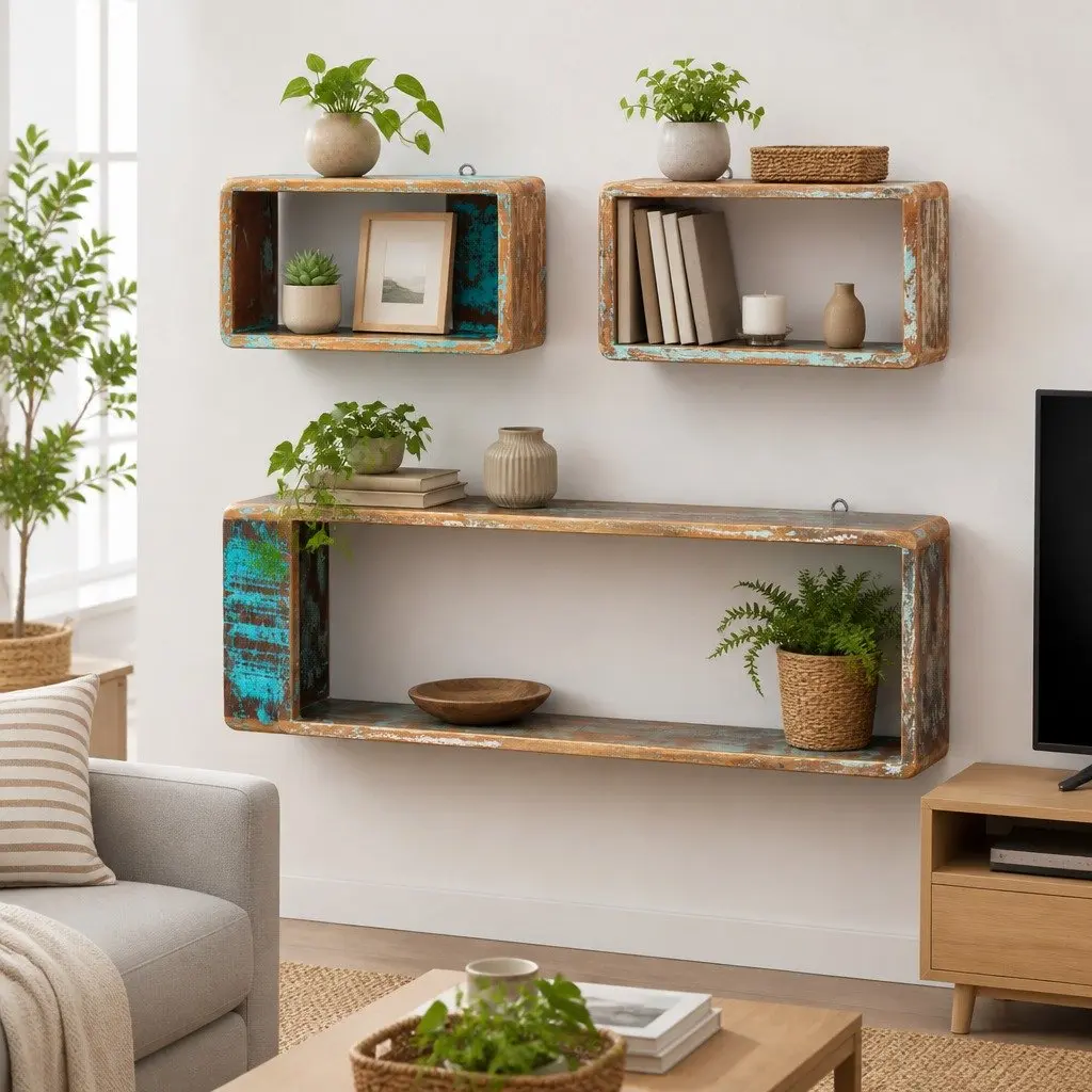 Set of 3 Floating Cube Shelves for Storage and Display Solid Reclaimed Wood Brown