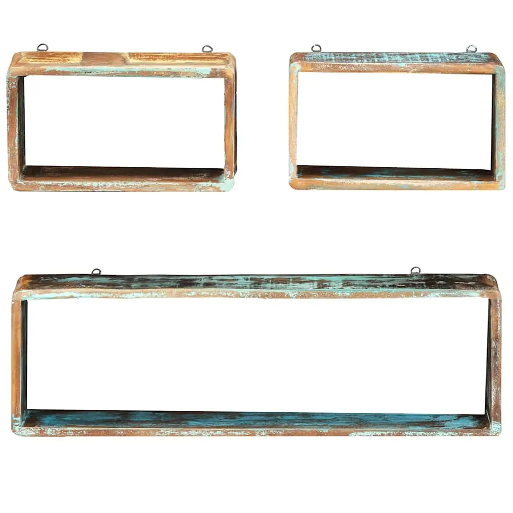 Set of 3 Floating Cube Shelves for Storage and Display Solid Reclaimed Wood Brown