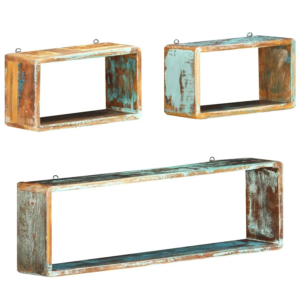 Set of 3 Floating Cube Shelves for Storage and Display Solid Reclaimed Wood Brown
