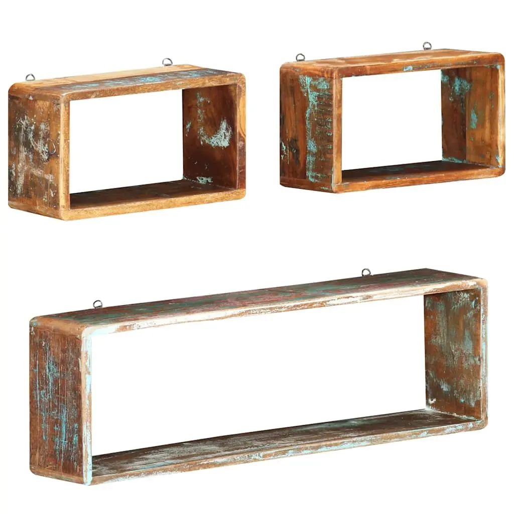 Set of 3 Floating Cube Shelves for Storage and Display Solid Reclaimed Wood Brown