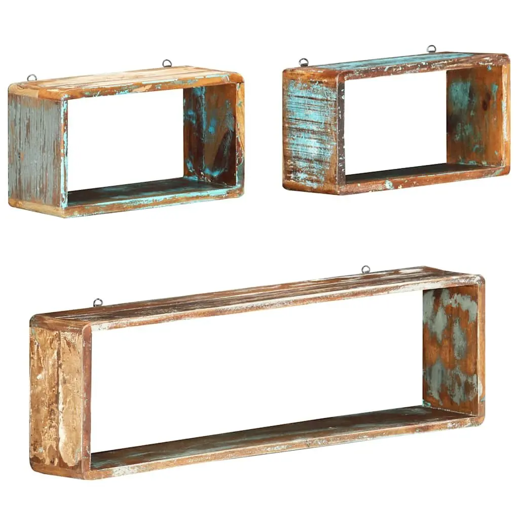 Set of 3 Floating Cube Shelves for Storage and Display Solid Reclaimed Wood Brown