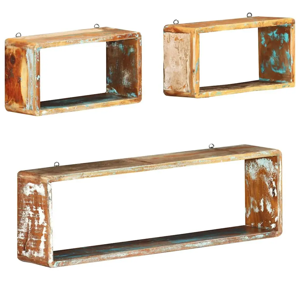 Set of 3 Floating Cube Shelves for Storage and Display Solid Reclaimed Wood Brown
