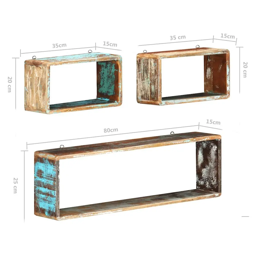 Set of 3 Floating Cube Shelves for Storage and Display Solid Reclaimed Wood Brown