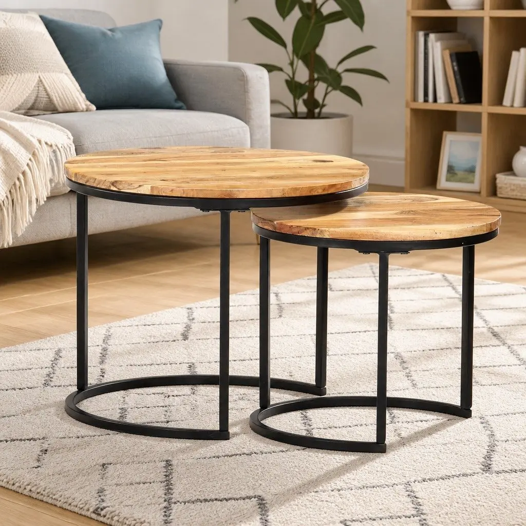 Nesting Tables 2 pcs Solid Wood Acacia Brown Coffee Side Tables Living Room