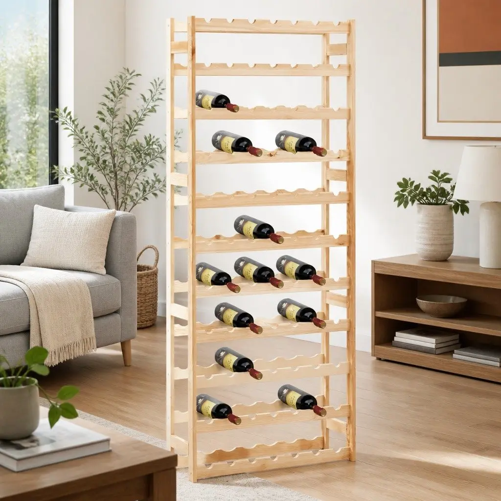 Wine Rack Storage Display Cabinet Solid Wood 77 Bottle Beige
