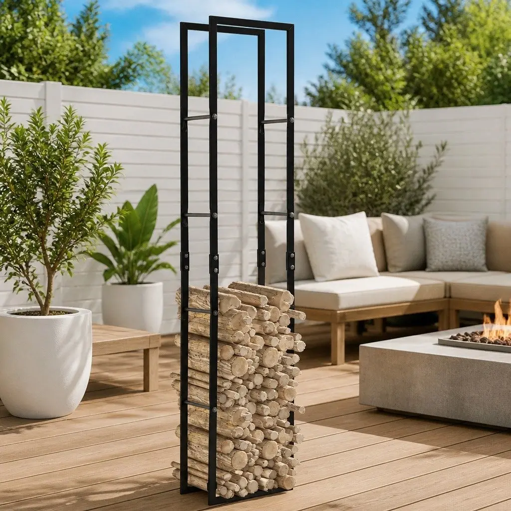 Steel Log Holder Black Rectangular Firewood Storage for Fireplace and Wood Stove