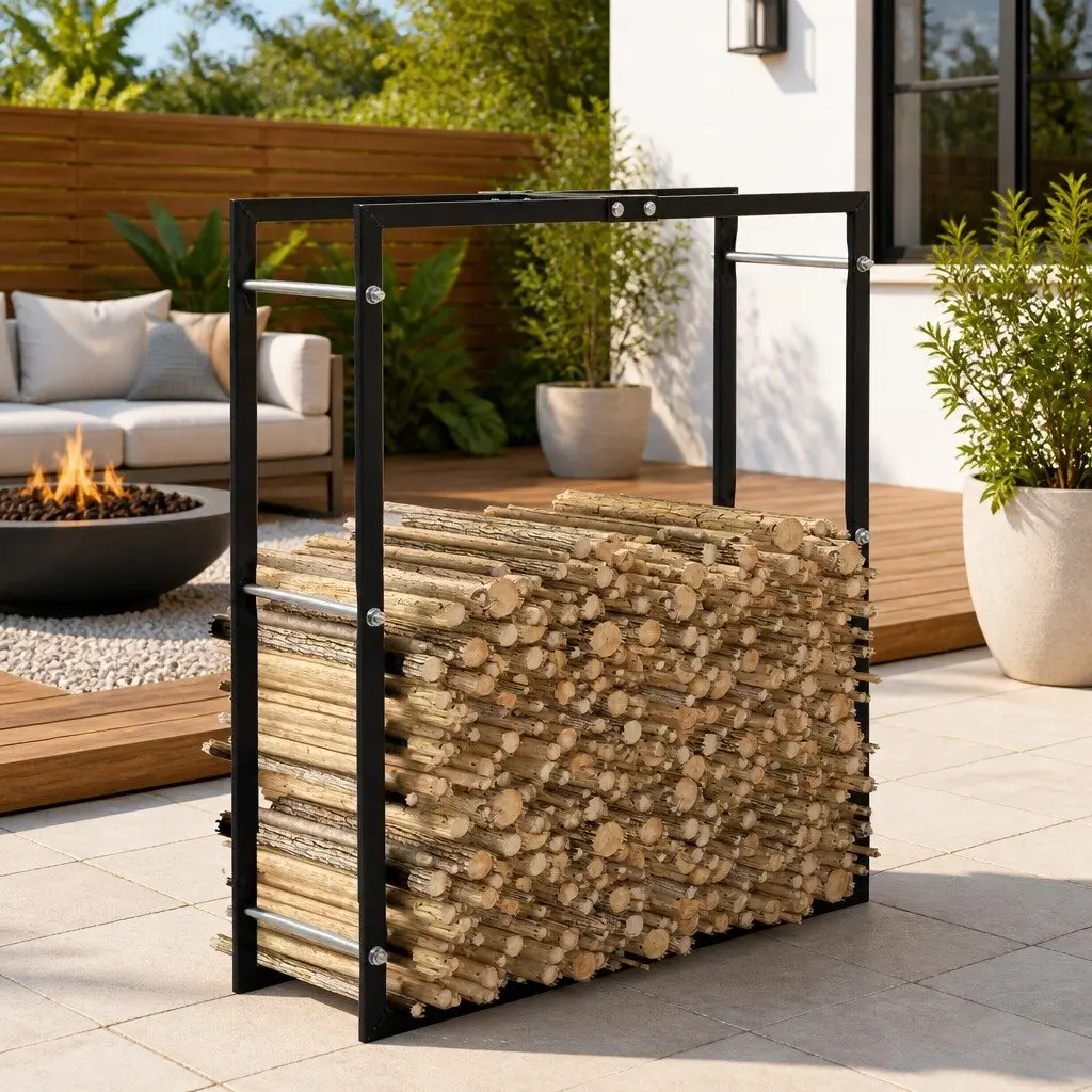 Firewood Rack Log Holder Storage Tall Black Steel Fireplace Accessories
