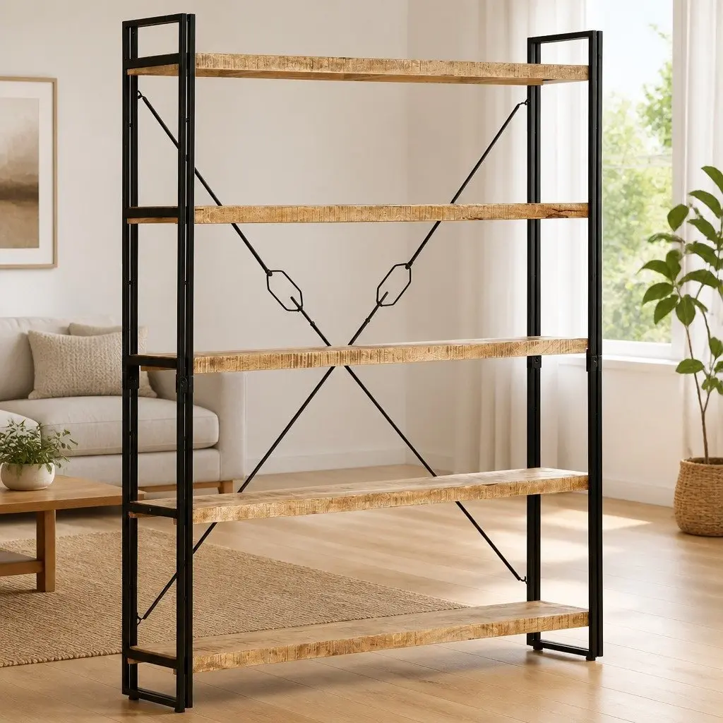 5-Tier Bookcase with Solid Wood and Steel