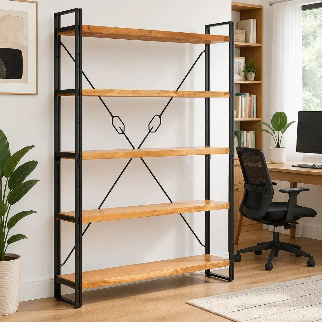 5-Tier Bookcase Storage 140x30x180cm Solid Acacia Wood Brown Industrial Steel Frame