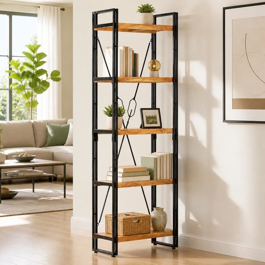 5-Tier Bookcase Storage 60x30x180 cm Solid Acacia Wood Brown Industrial Shelving Unit
