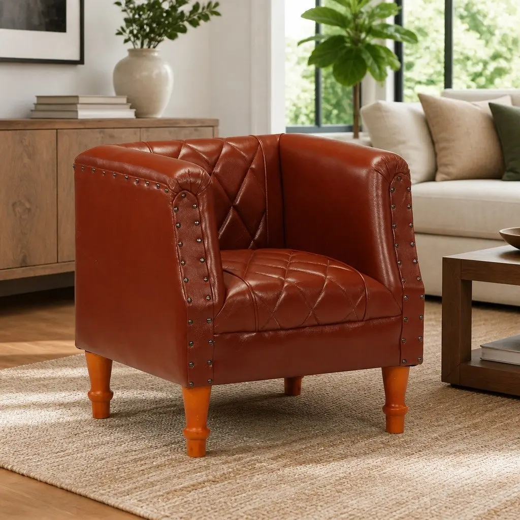 Tub Chair Brown Goat Leather Armchair Living Room Lounge Seat Padded Comfort