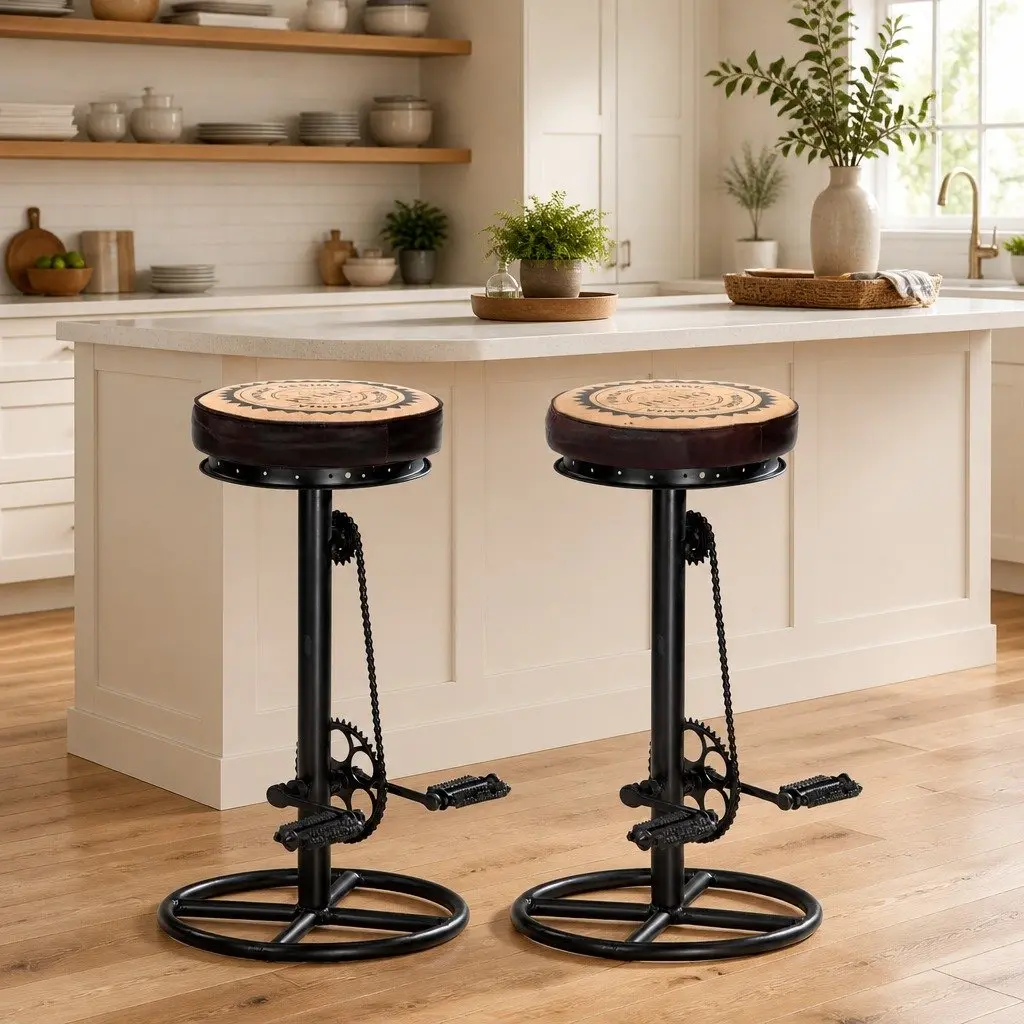 Bar Stools Real Leather Upholstered Seating Bicycle Pedal Footrest Set of 2 Brown