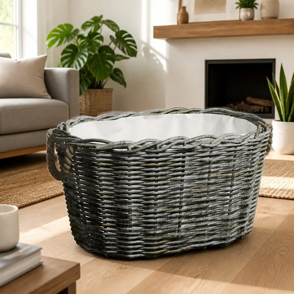 Grey Wicker Firewood Basket with Easy Carry Handles