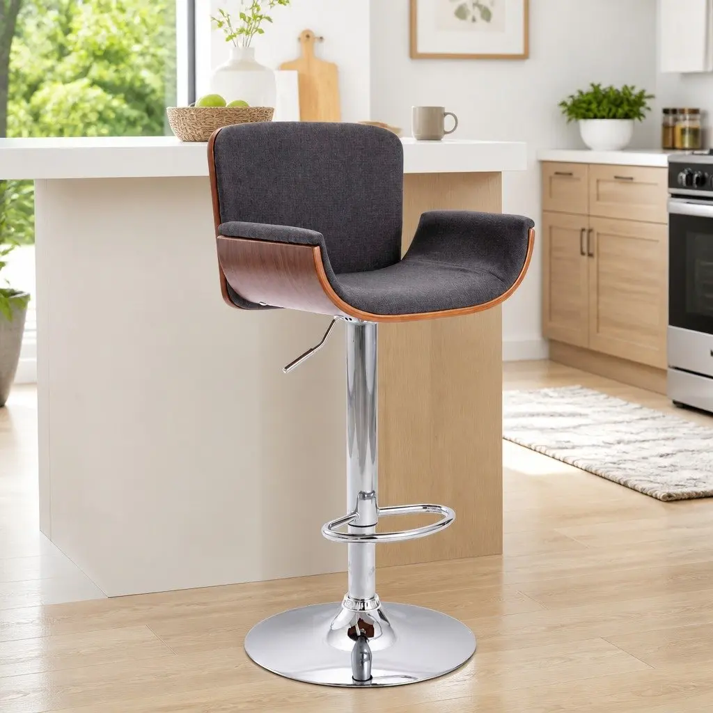 Padded Bar Stool Adjustable Height Grey Fabric Wooden Metal Frame Footrest