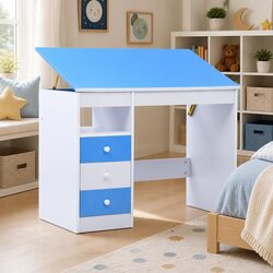 Children's Art & Drafting Table Tiltable Study Desk Blue White Workspace Drawing