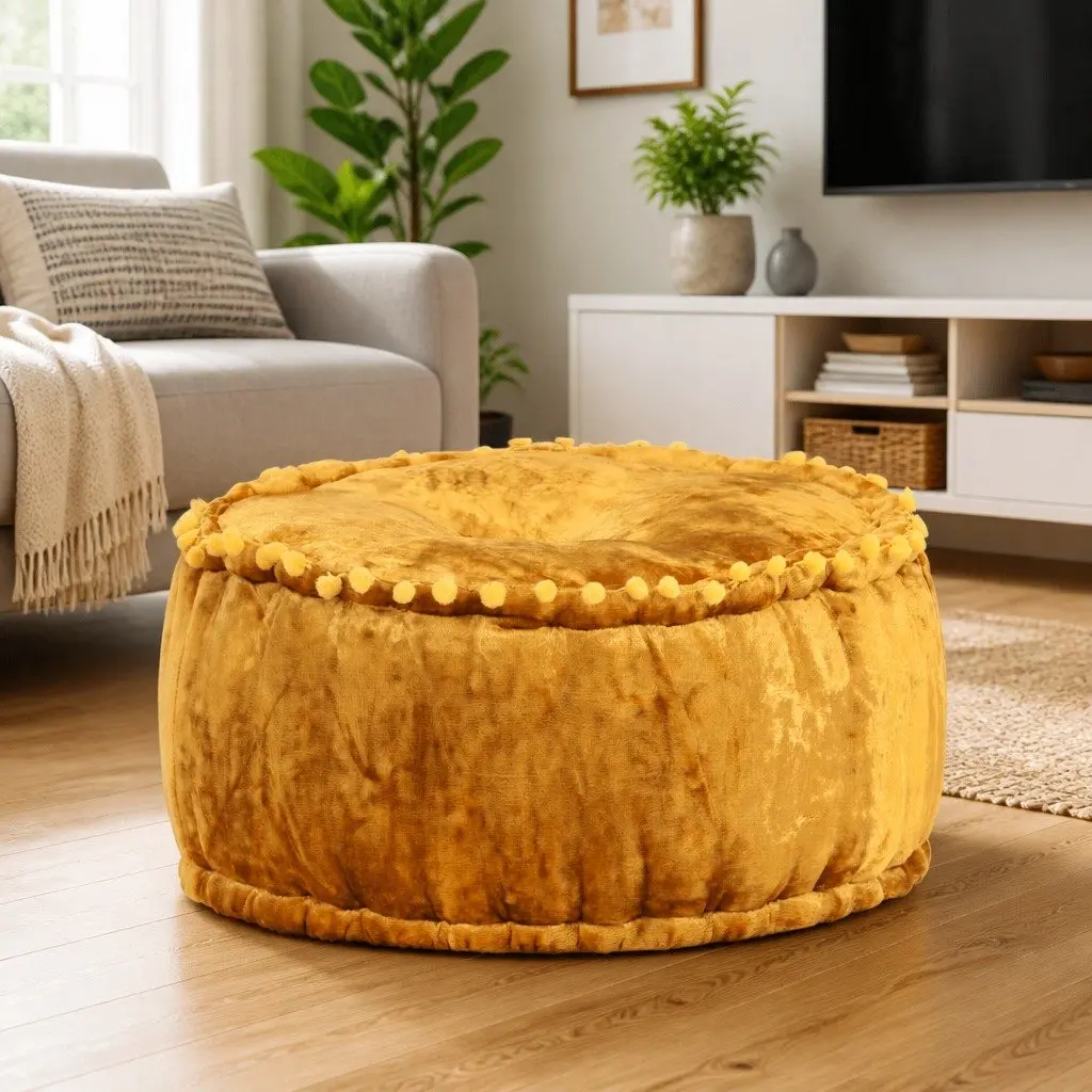 Round Velvet Pouffe Ottoman Footrest Seat Home Decor 40x20cm Mustard Yellow