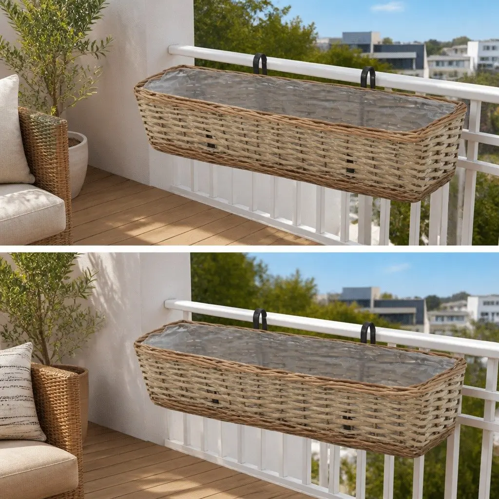 Wicker Balcony Planter 80 cm Brown Rattan 2 pcs with PE Lining for Vegetables Herbs Flowers