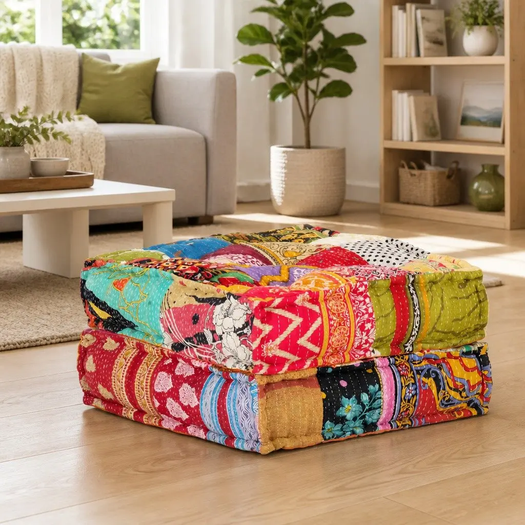 Patchwork Pouffe Footrest Soft Fabric Multicolour Ottoman Sofa Cushion 60 x 70 x 36 cm