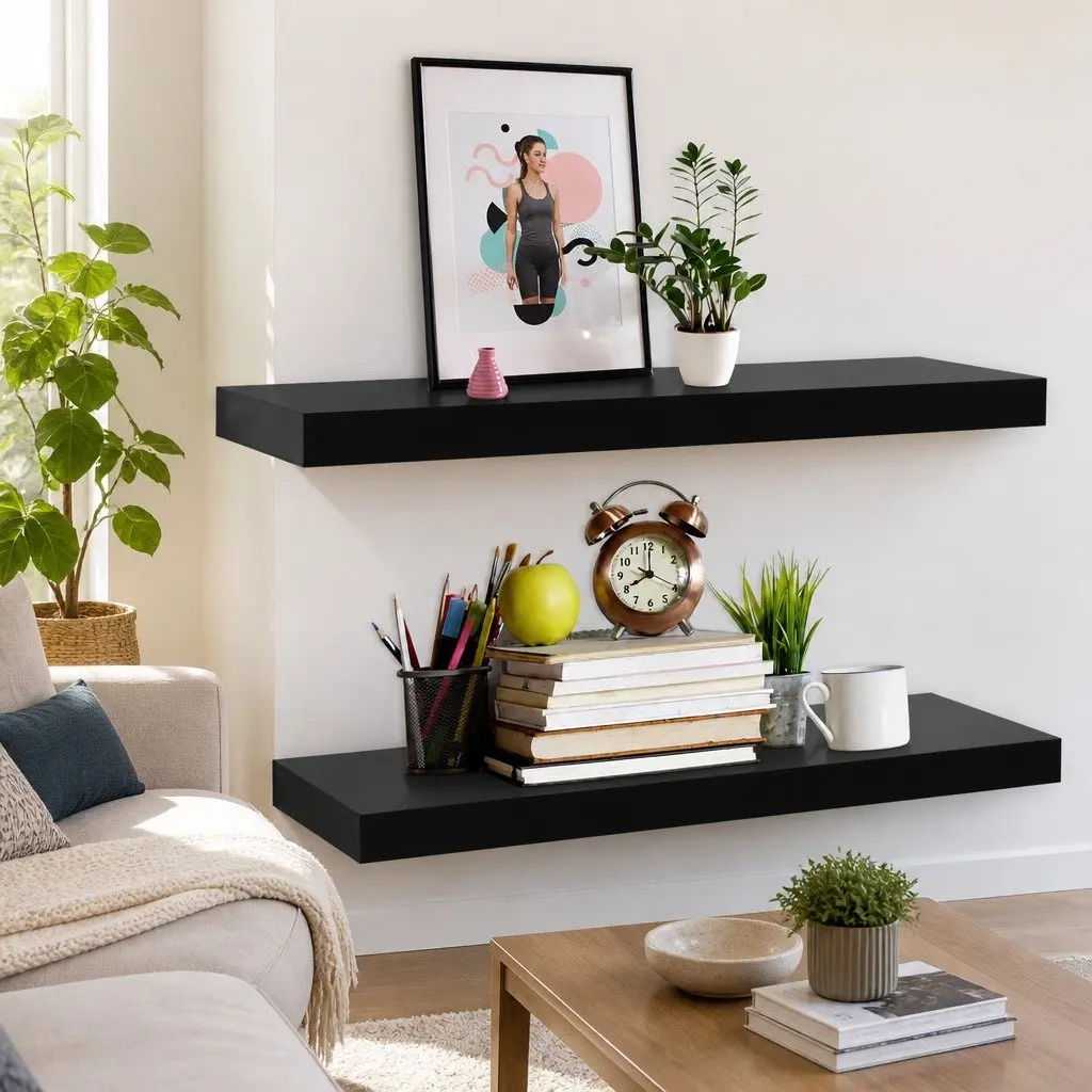 Floating Wall Shelves Storage Display 60 x 20 x 3.8 cm Black 2 Pieces