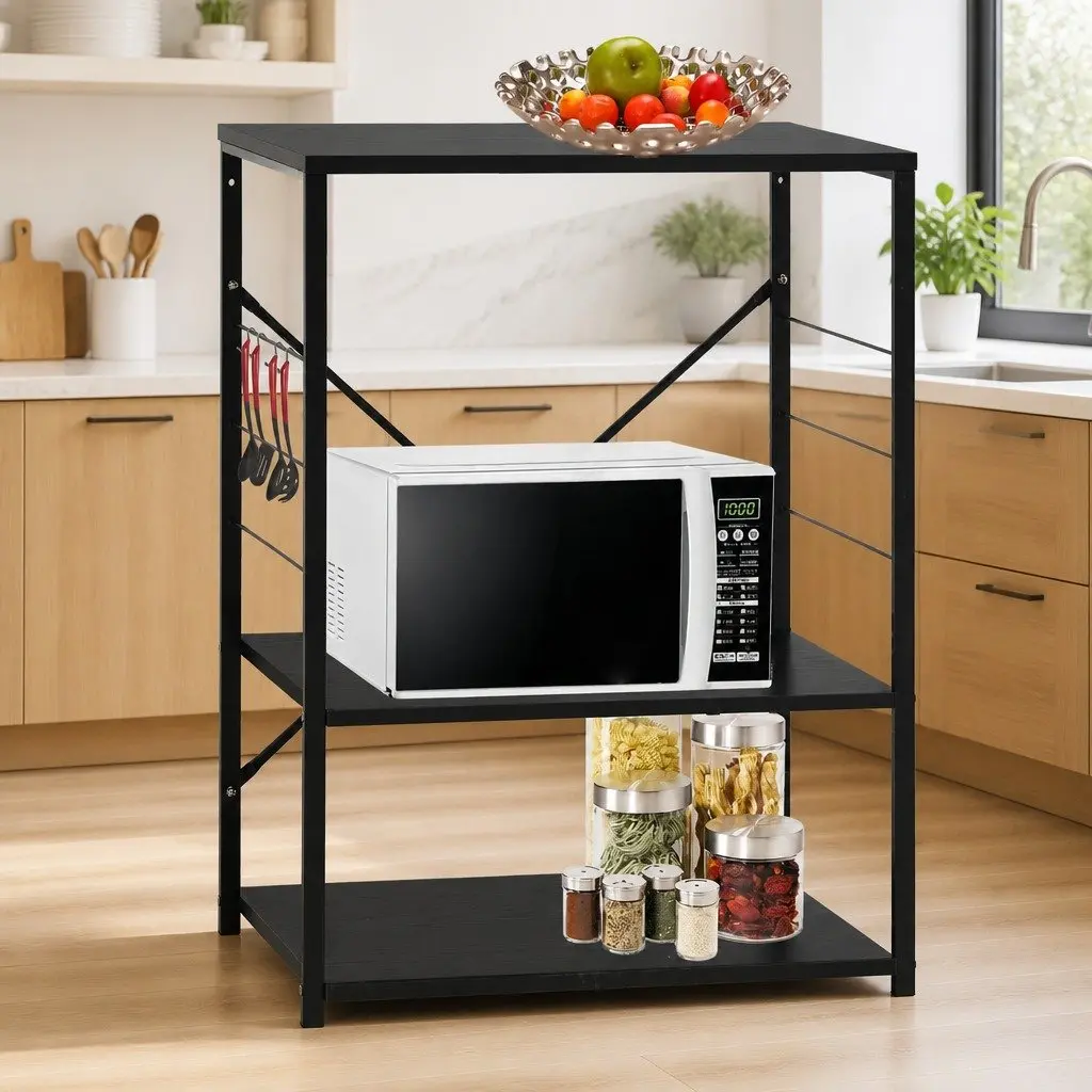 3-Tier Storage Cabinet Kitchen Organiser Black 60x39.6x79.5cm