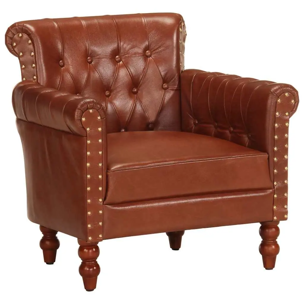 Armchair Brown Real Goat Leather Upholstered Solid Mango Wood Legs Living Room