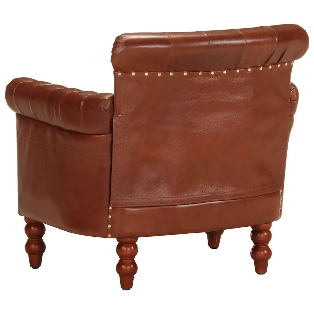 Armchair Brown Real Goat Leather Upholstered Solid Mango Wood Legs Living Room