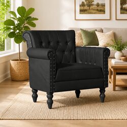 Armchair Black Real Goat Leather Lounge Chair Living Room Furniture Solid Wood