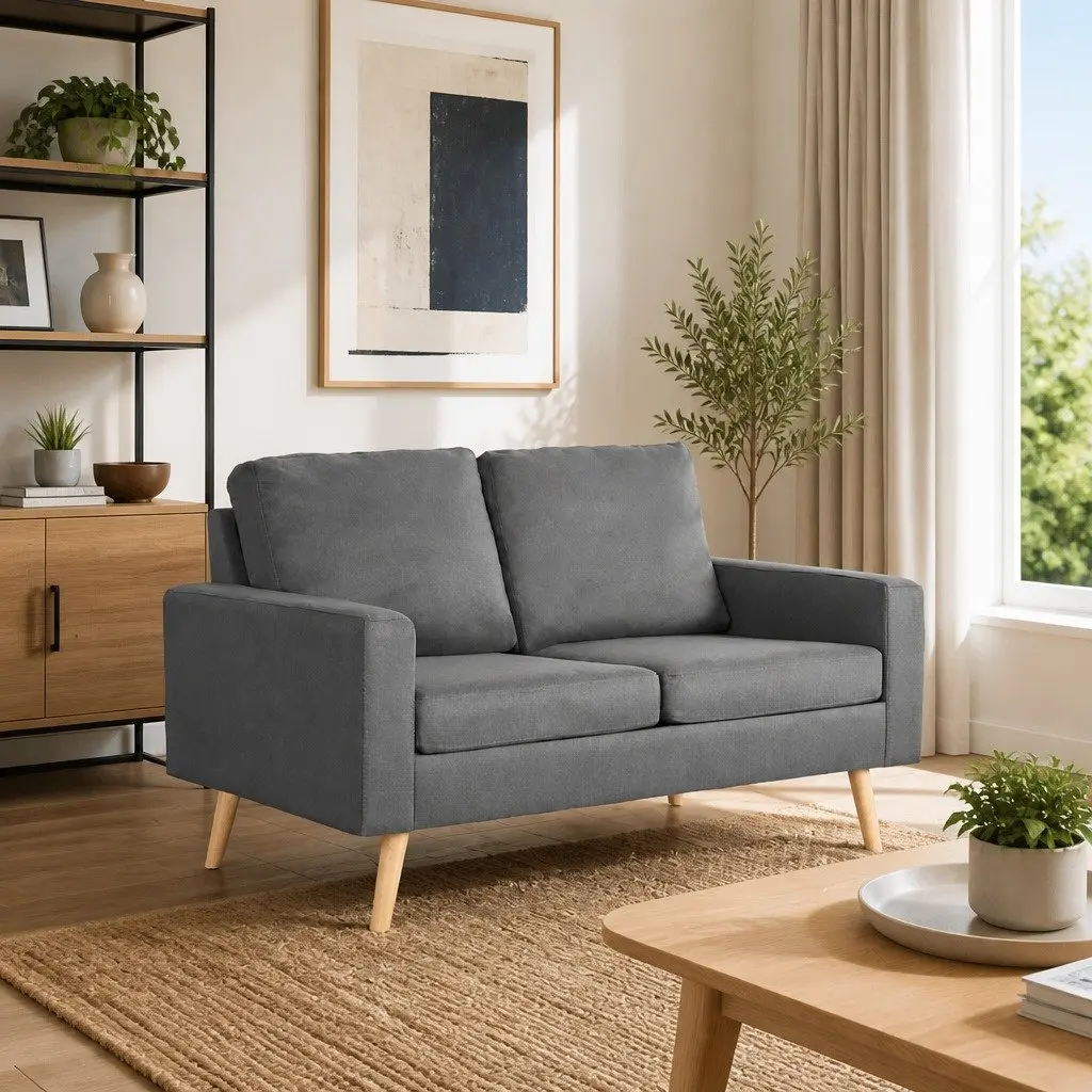2-Seater Sofa Grey Fabric Upholstered Couch with Padded Cushions