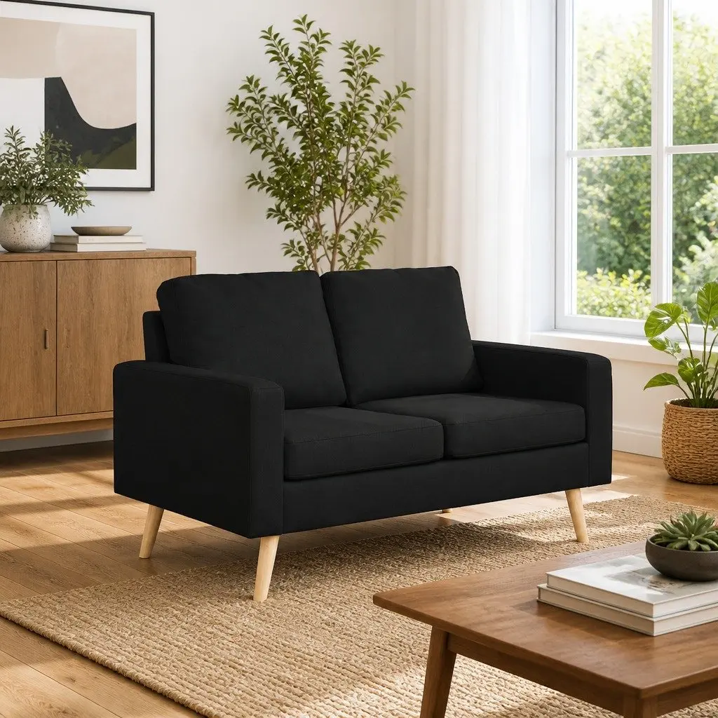 2-Seater Sofa Black Fabric Upholstered Padded Cushions Wooden Frame Living Room