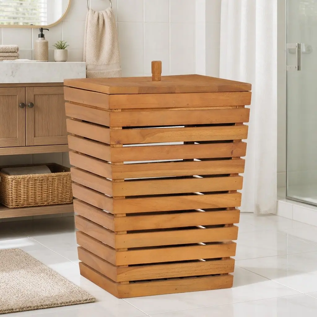 Laundry Basket 30x30x45cm Brown Slatted Design Storage Bin Wooden Household
