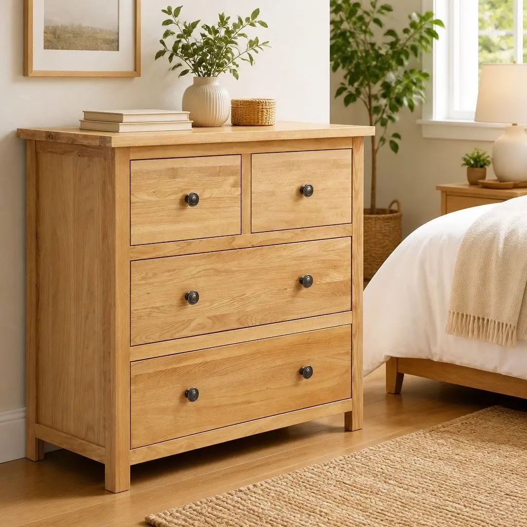 Solid Oak Wood Chest of Drawers with 4 Drawers
