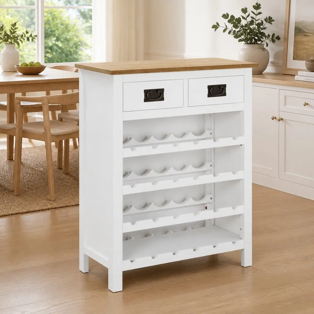 Wine Cabinet Brown Solid Oak Wood Storage Furniture Open Racks Drawers