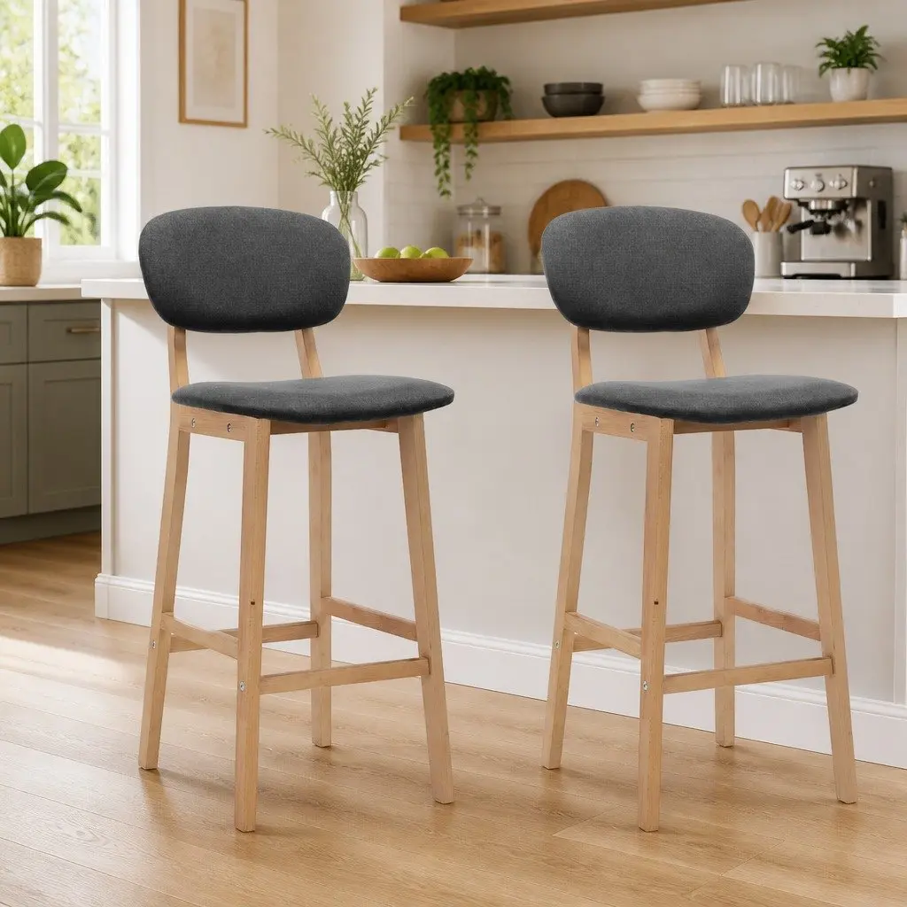 Bar Stools Set of 2 Grey Fabric Seat Backrest Footrest Modern Style