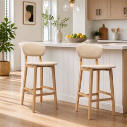 Bar Stools Set of 2 Cream Upholstered Chairs with Footrest Modern Seating