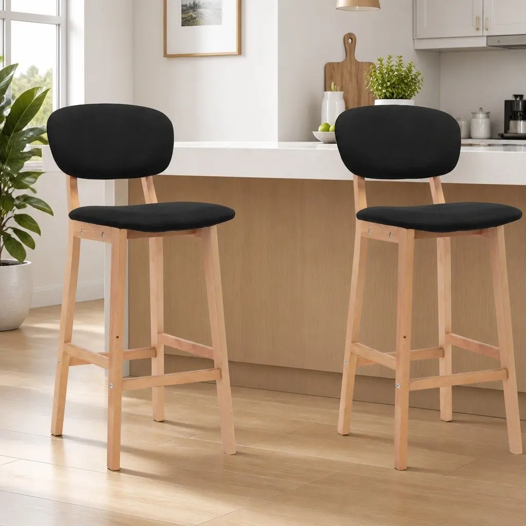 Bar Stools Set of 2 Black Fabric Seat with Footrest Modern Kitchen Counter