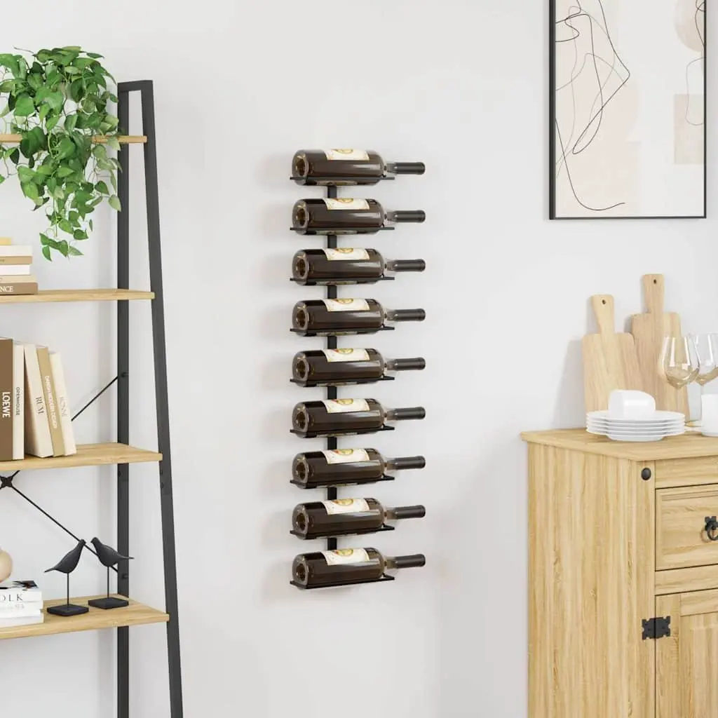 Wall-Mounted Wine Rack 9 Bottle Storage Black Iron Modern Home Decor