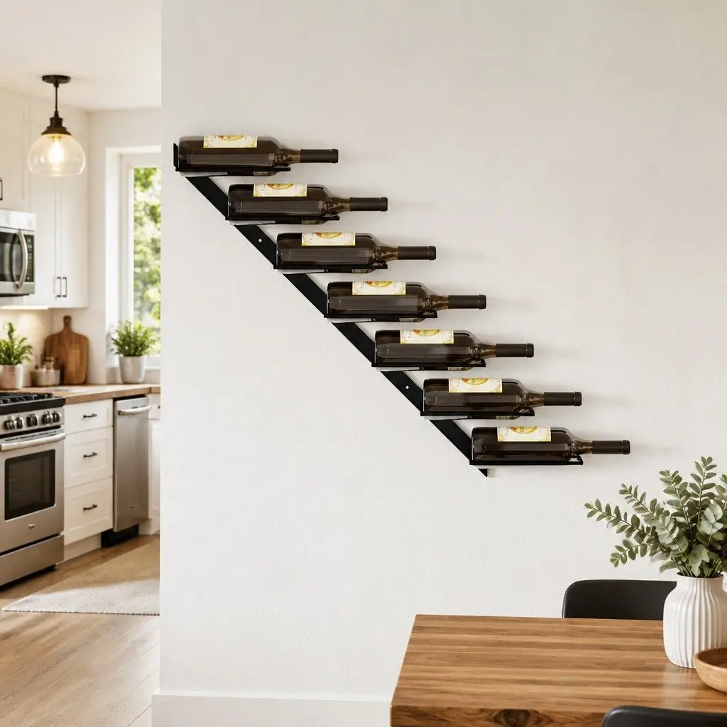 Wall-Mounted Wine Rack Black Metal Modern Storage Display Holder 7 Bottles
