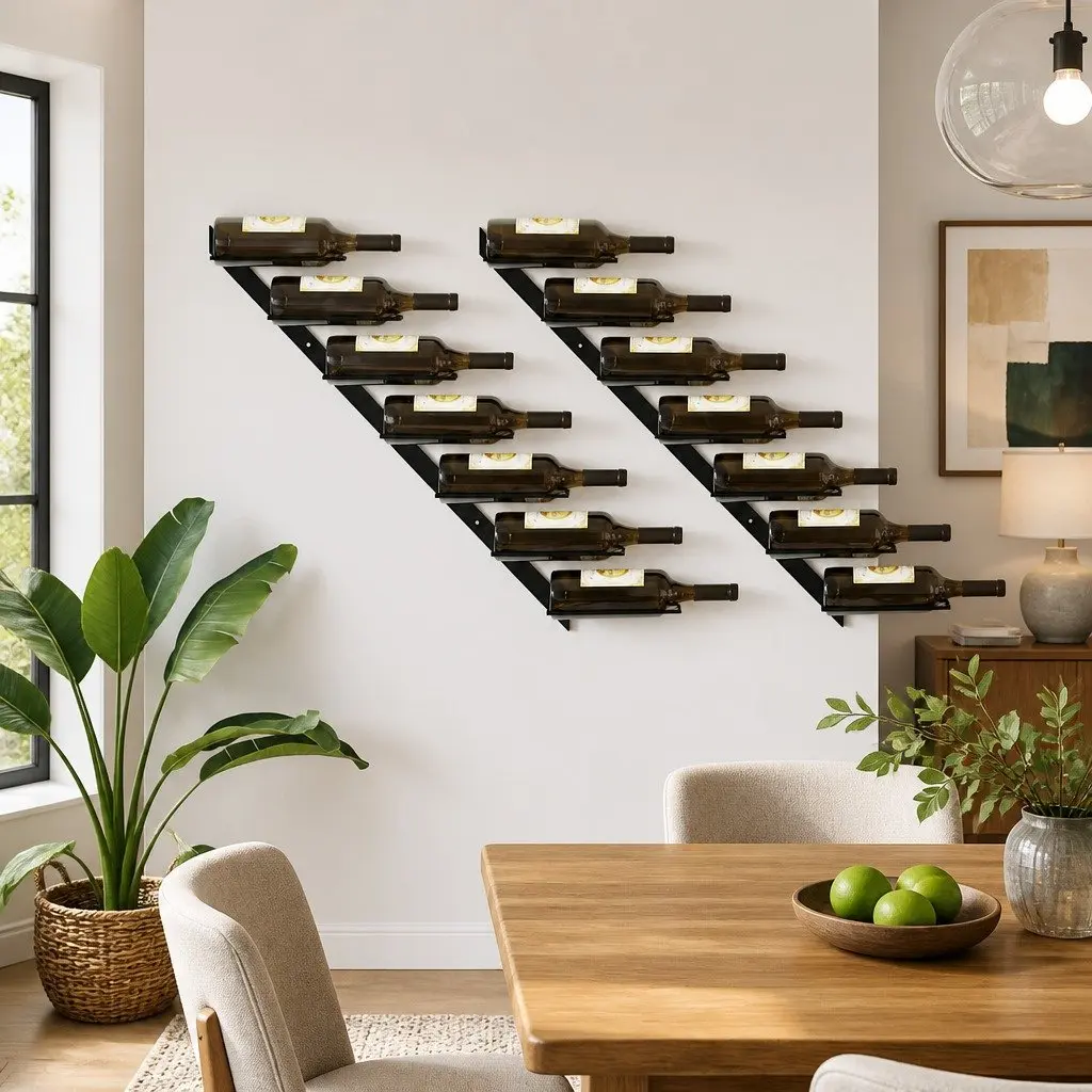 Wall-mounted Wine Rack Storage 14 Bottles Black Metal Set of 2